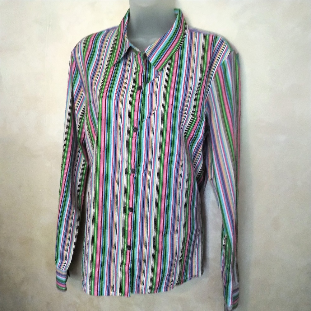 Liz Claiborne Cheerful Striped Button Down EUC XL